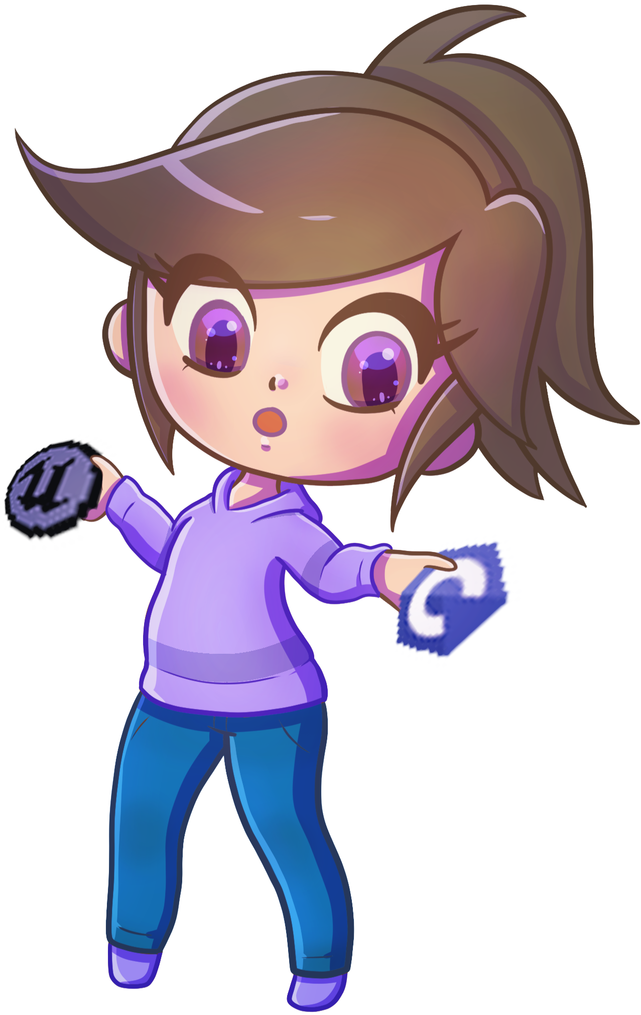 Petit personnage tenant les icons de C et d'Unreal Engine