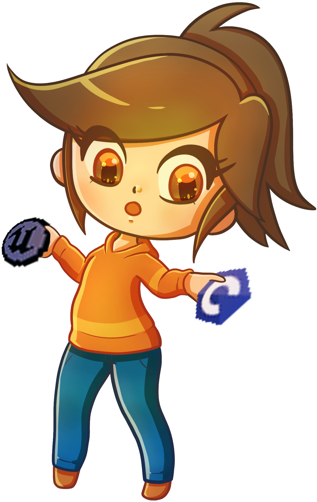 Petit personnage tenant les icons de C et d'Unreal Engine