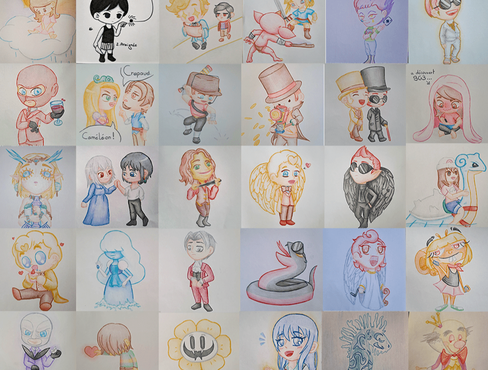 Présentation en mosaïque des 31 dessins réalisés en octobre 2023