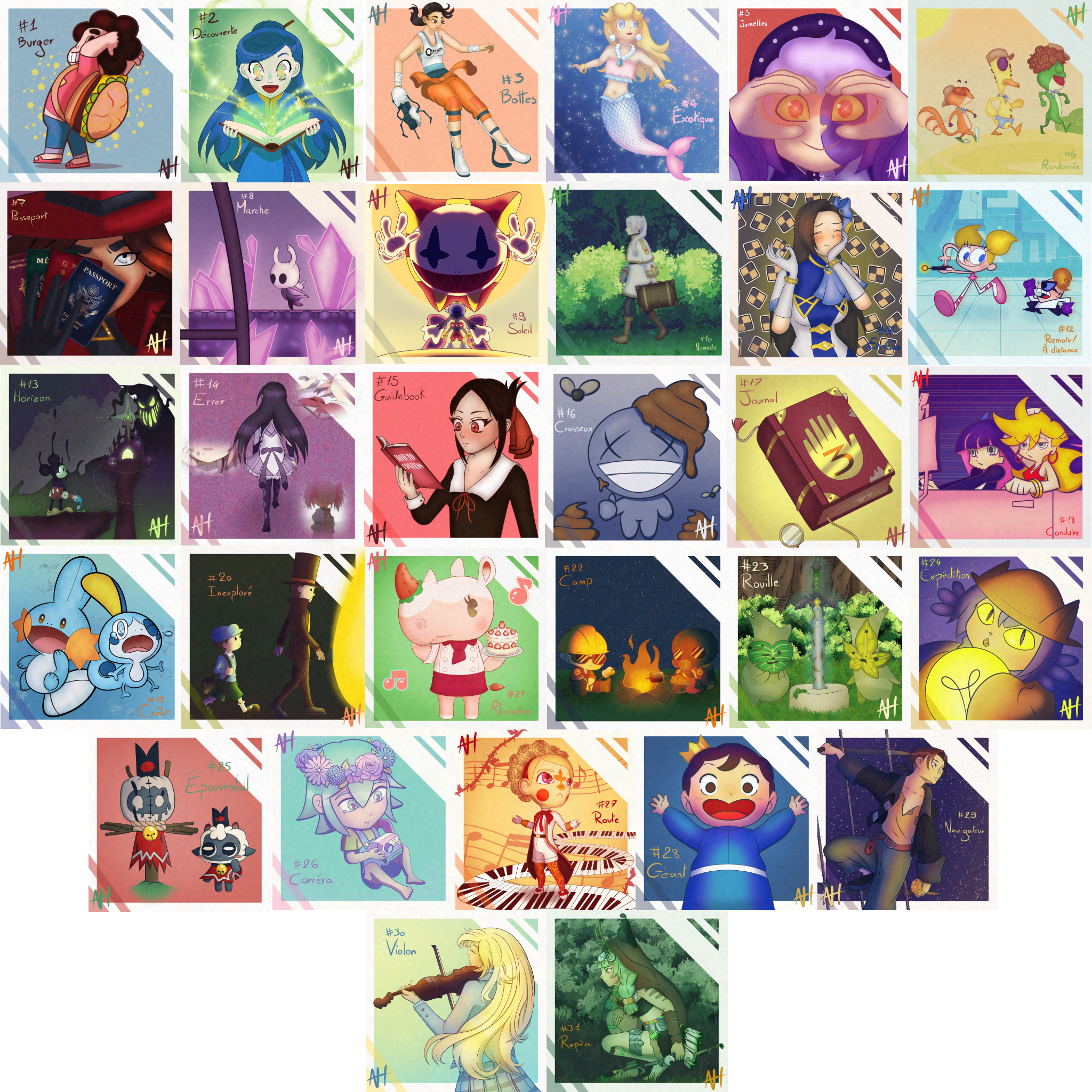 Présentation en mosaïque des 31 dessins réalisés en octobre 2024